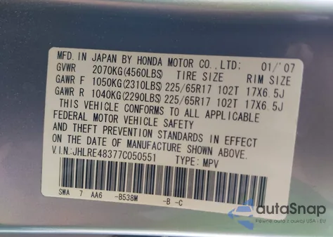 2007 Honda Cr-V Lx from USA, damaged, VIN JHLRE48377C050551